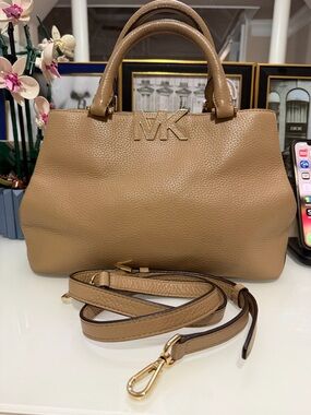 Michael Kors Beige/Tan Pebbled Leather Top-Handle Satchel with Strap